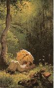 Carl Spitzweg, Der Maler auf einer Waldlichtung, unter einem Schirm liegend